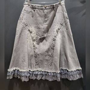 Vintage Y2K Denim & Lace Grunge Fairy A-line Midi Boho Cowgirl Skirt Sz 16